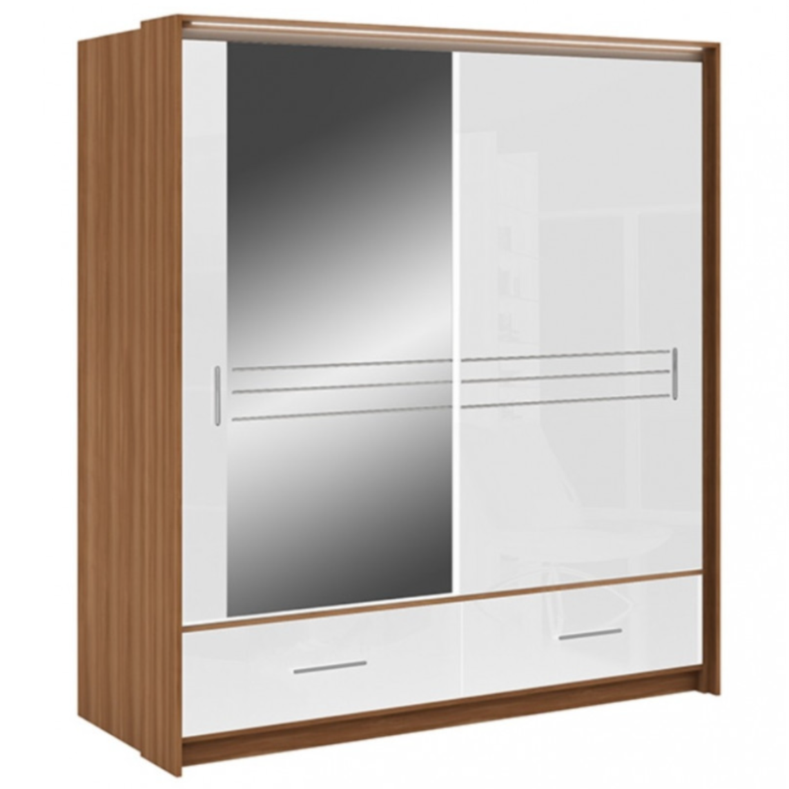 Wiltshire 208cm Sliding Door Wardrobe with Mirror Walnut with 2 Drawers - White Gloss and Black Gloss