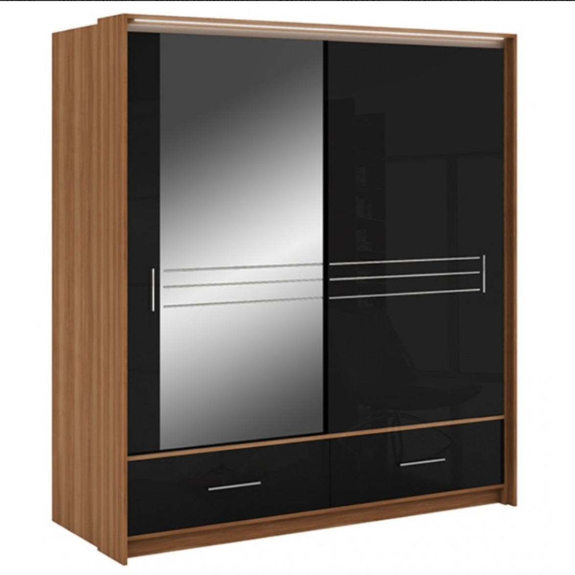 Wiltshire 208cm Sliding Door Wardrobe with Mirror Walnut with 2 Drawers - White Gloss and Black Gloss