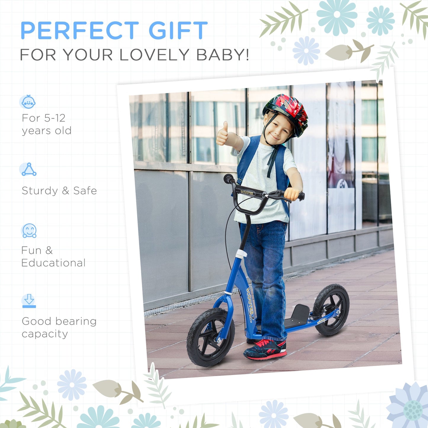 Teen Push Scooter Kids Children Stunt Scooter Bike Bicycle Ride On 12" EVA Tyres, Blue