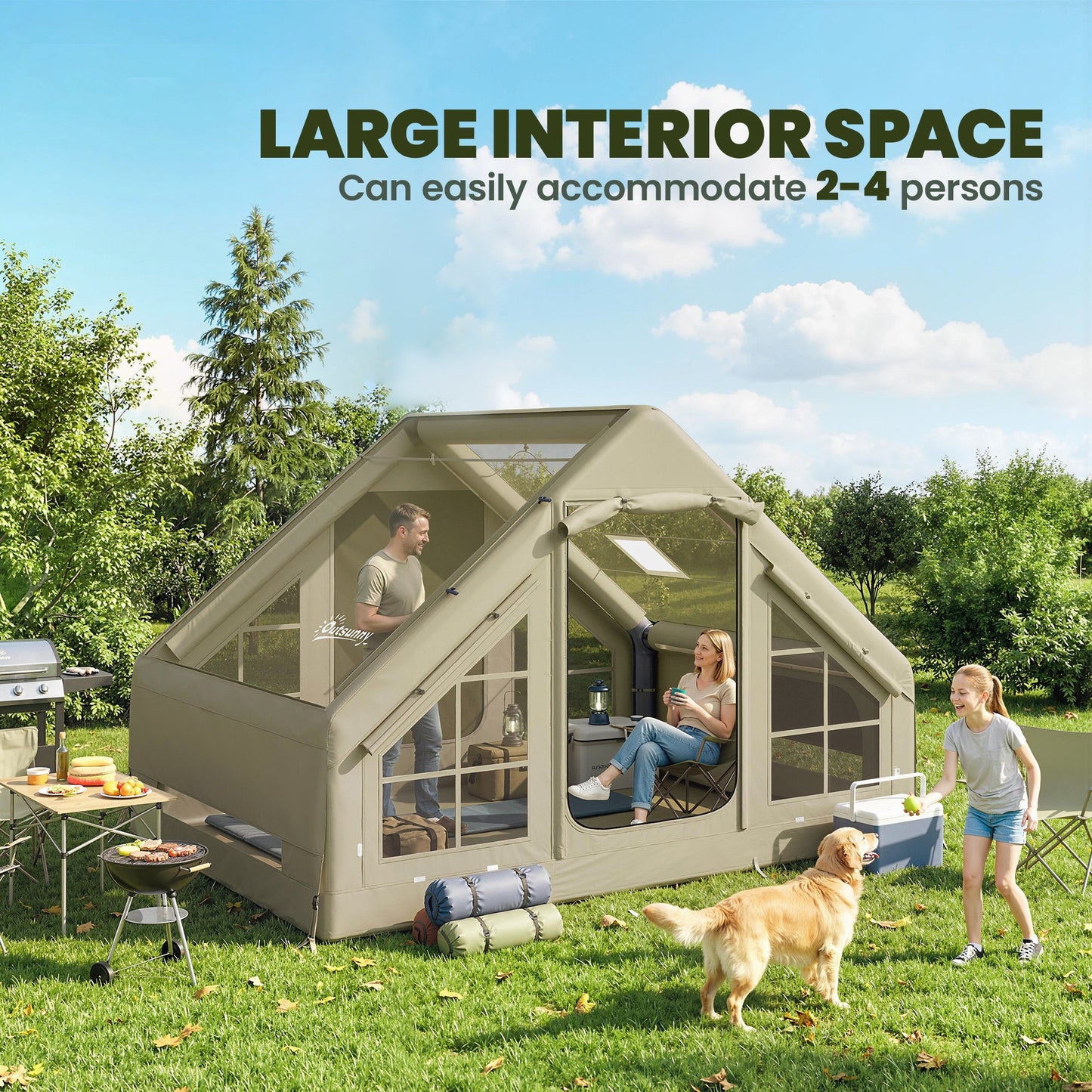 Outsunny Inflatable Camping Tent with Pump and Stove Jack Hole, Luxury Inflatable Tent with Mesh Windows, Doors, Olive Green