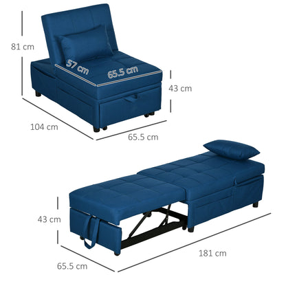 HOMCOM Fotel rozkładany z siedziskiem z wypełnieniem, 4-w-1 wielofunkcyjna sofa rozkładana z funkcją spania, fotel z regulowanym oparciem, boczna kieszeń, kółka i poduszka, do salonu, niebieski