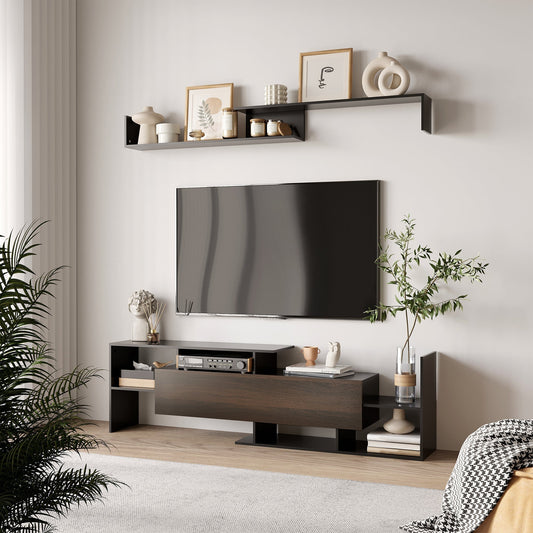 HOMCOM TV Cabinet with Wall Shelf for Wall-Mounted 65" TVs or Standing 40" TVs - Black and Dark Brown