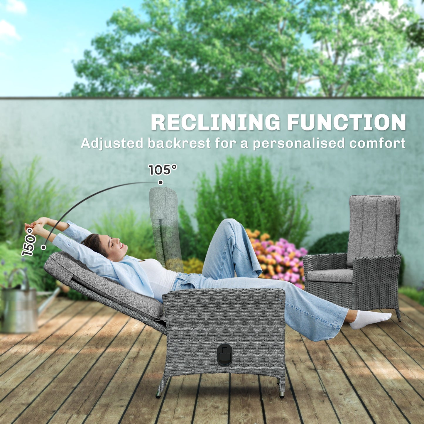 Outsunny 105Â°-150Â° Reclining Rattan Chair - Light Grey