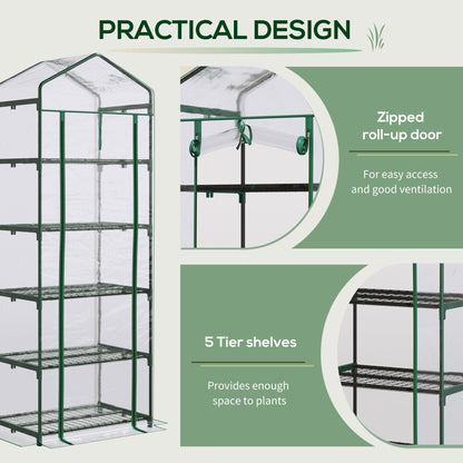 Outsunny 5 Tier Mini Greenhouse, Small Walk-in Greenhouse with Reinforced Plastic Cover, Garden Grow House with Roll Up Door and Shelves, 69 x 49 x 193cm, Green