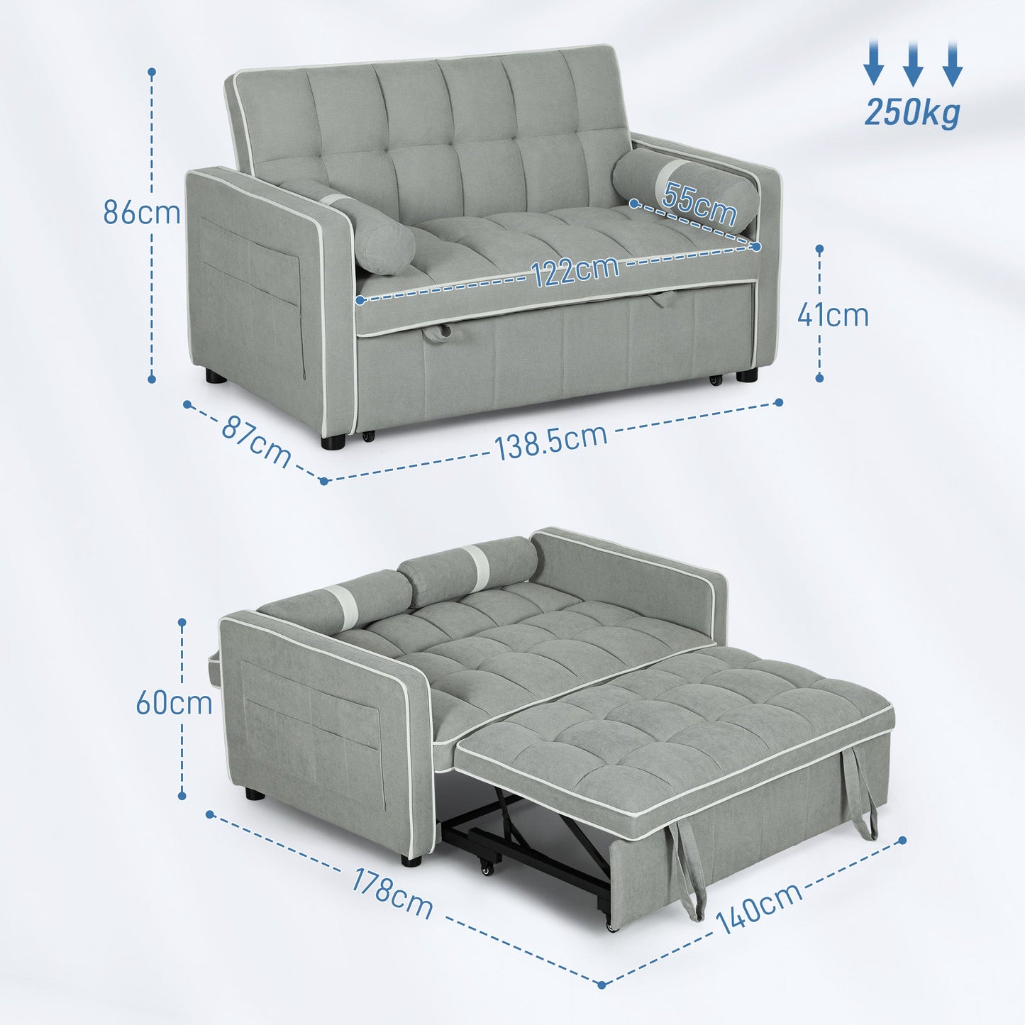 HOMCOM Dwuosobowa sofa rozkładana z imitacją lnu - jasnoszara