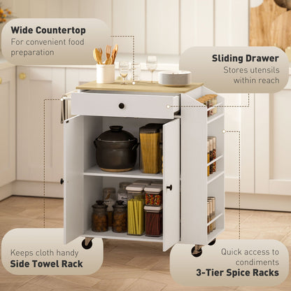 HOMCOM Rolling Kitchen Island with 3-Tier Spice Rack, Kitchen Storage Cart with Drawer and Towel Rack, White