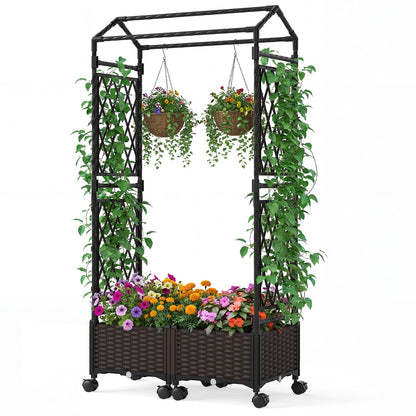 Self-Watering Planter Boxes with Lattice Trellis and Roof for Climbing Vine-Brown