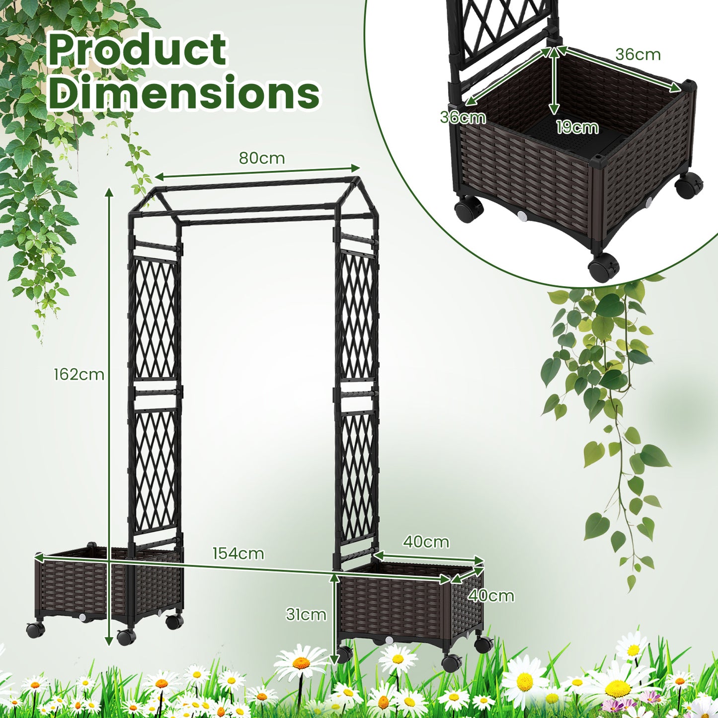 Self-Watering Planter Boxes with Lattice Trellis and Roof for Climbing Vine-Brown