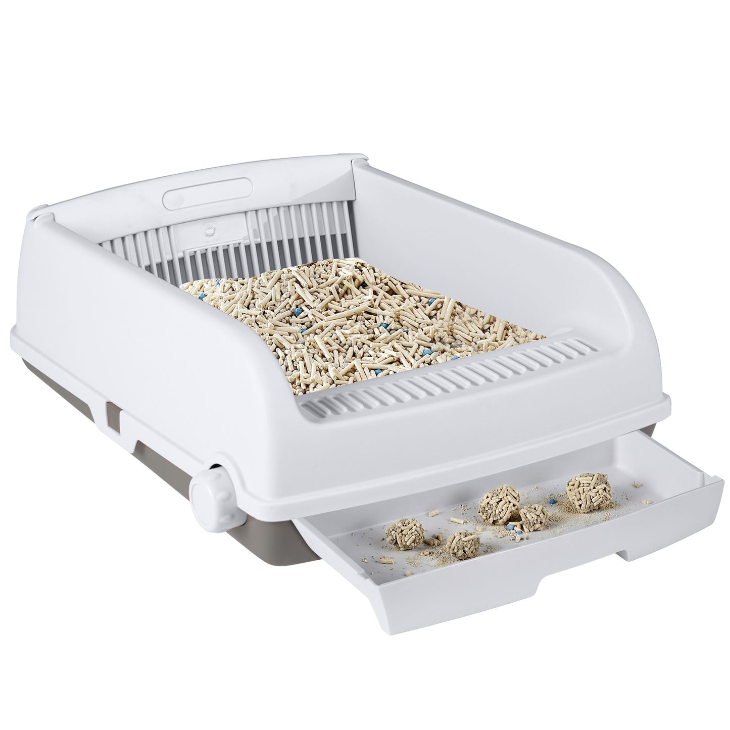 Semi-auto Open-top Cat Litter Box with High Side Splash-proof Cat Toilet with Drawer-type Potty Tray-White