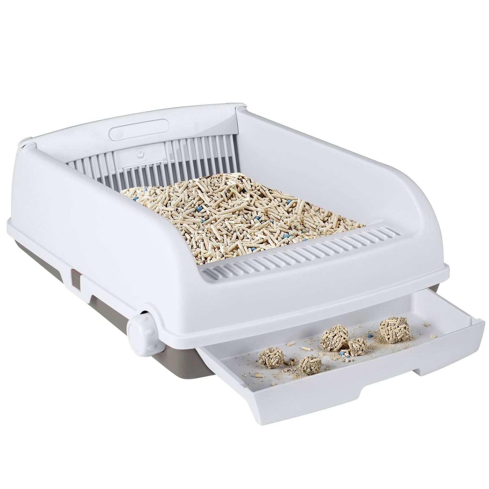 Semi-auto Open-top Cat Litter Box with High Side Splash-proof Cat Toilet with Drawer-type Potty Tray-White