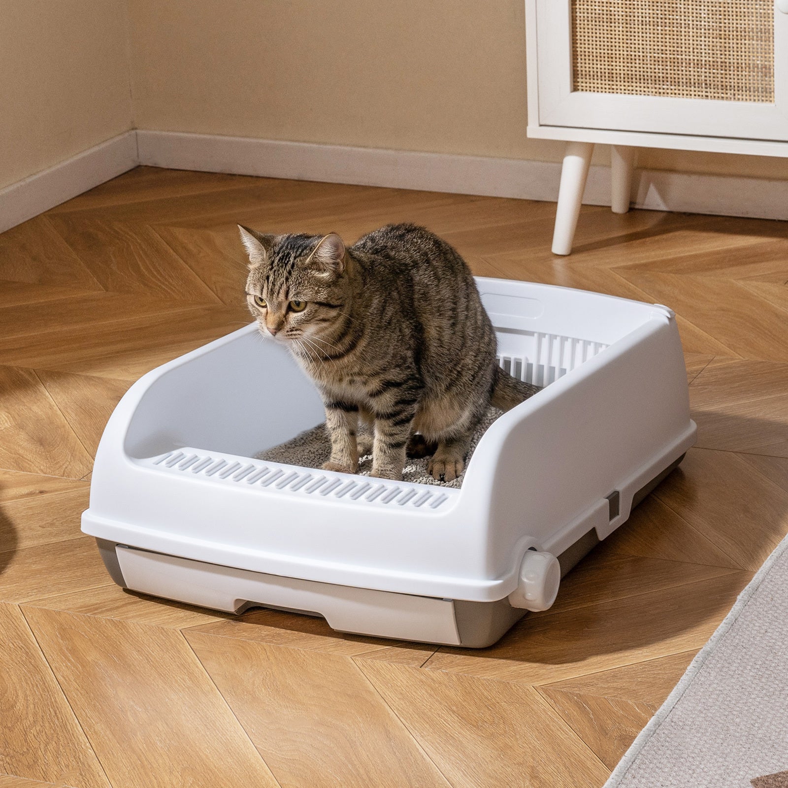 Semi-auto Open-top Cat Litter Box with High Side Splash-proof Cat Toilet with Drawer-type Potty Tray-White