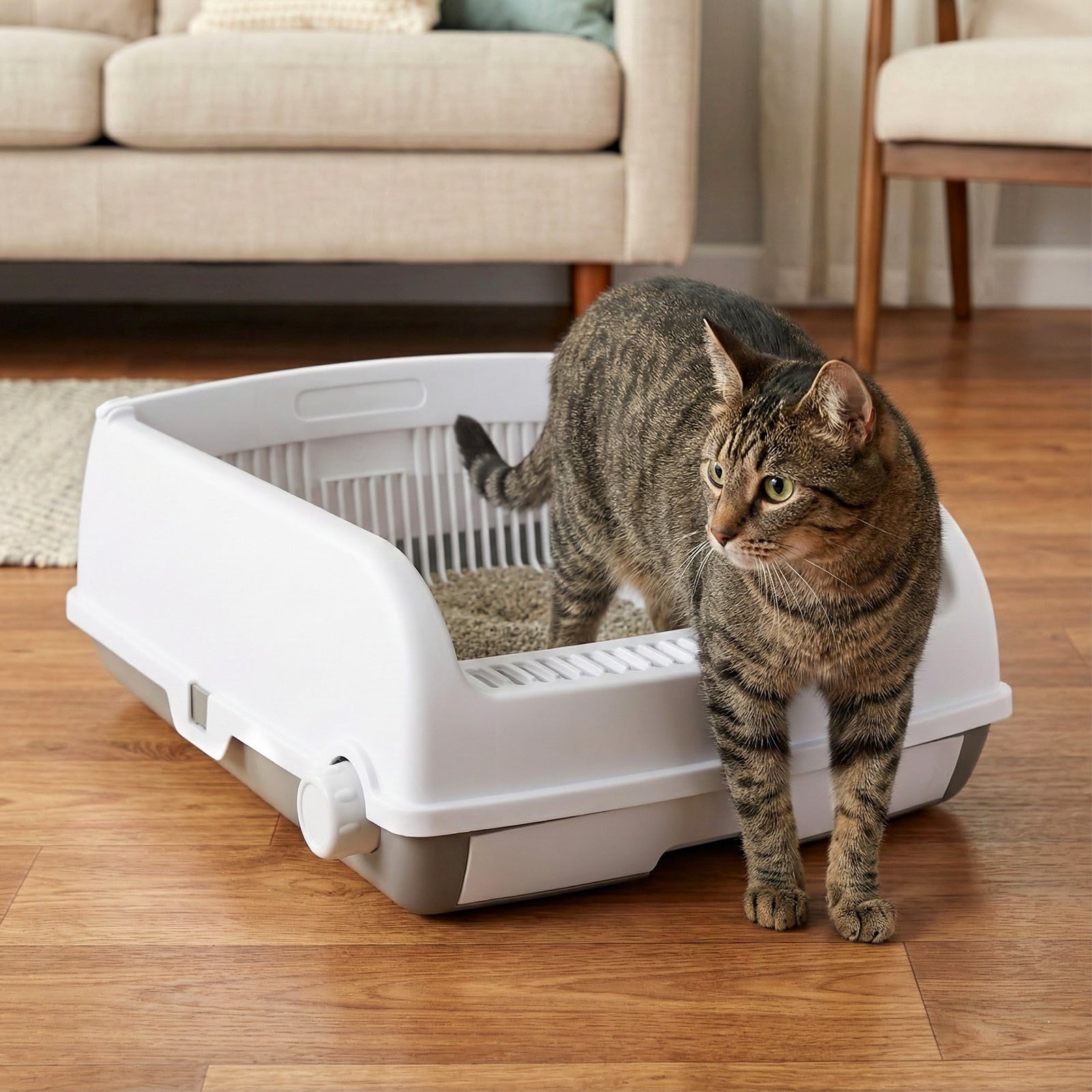Semi-auto Open-top Cat Litter Box with High Side Splash-proof Cat Toilet with Drawer-type Potty Tray-White