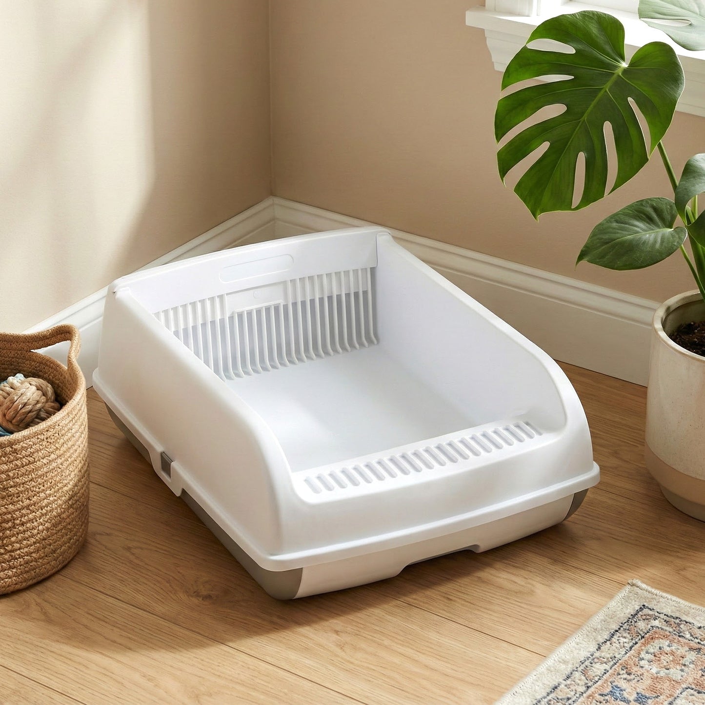Semi-auto Open-top Cat Litter Box with High Side Splash-proof Cat Toilet with Drawer-type Potty Tray-White