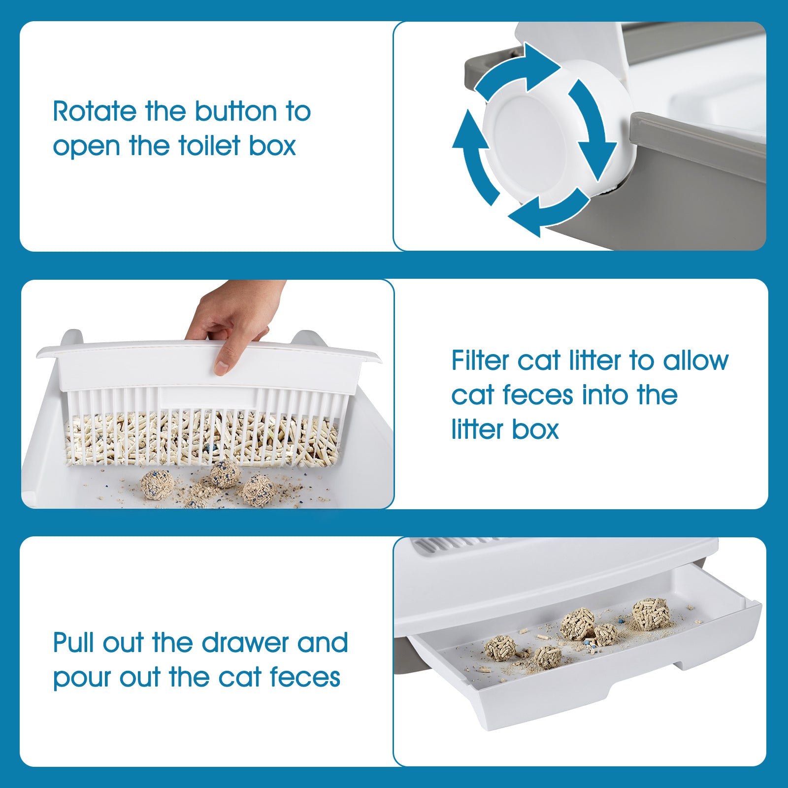 Semi-auto Open-top Cat Litter Box with High Side Splash-proof Cat Toilet with Drawer-type Potty Tray-White