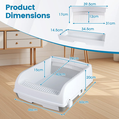 Semi-auto Open-top Cat Litter Box with High Side Splash-proof Cat Toilet with Drawer-type Potty Tray-White