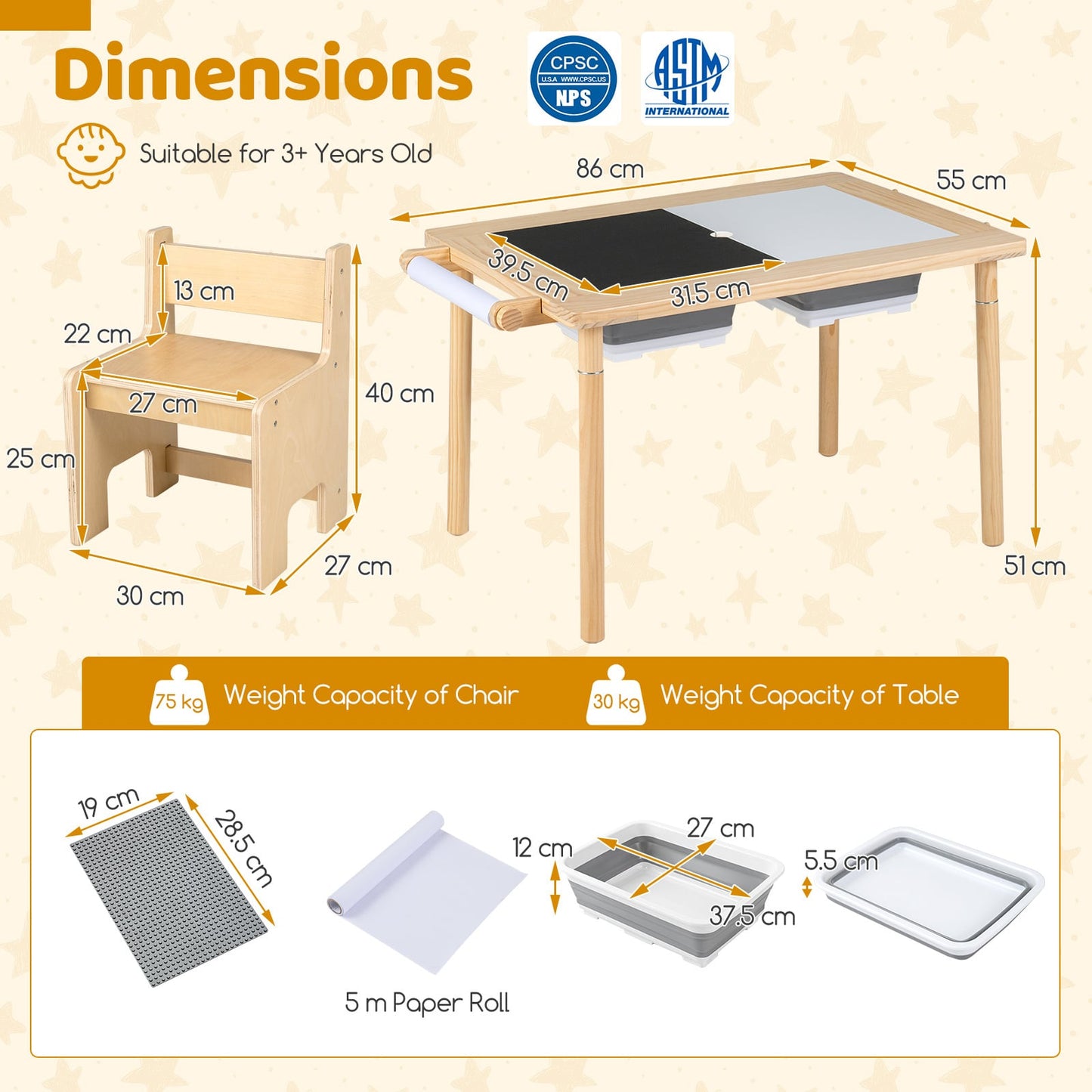 Sensory Table Set 3-Piece Kids Activity Table and Chair Set with Adjustable Height-Natural