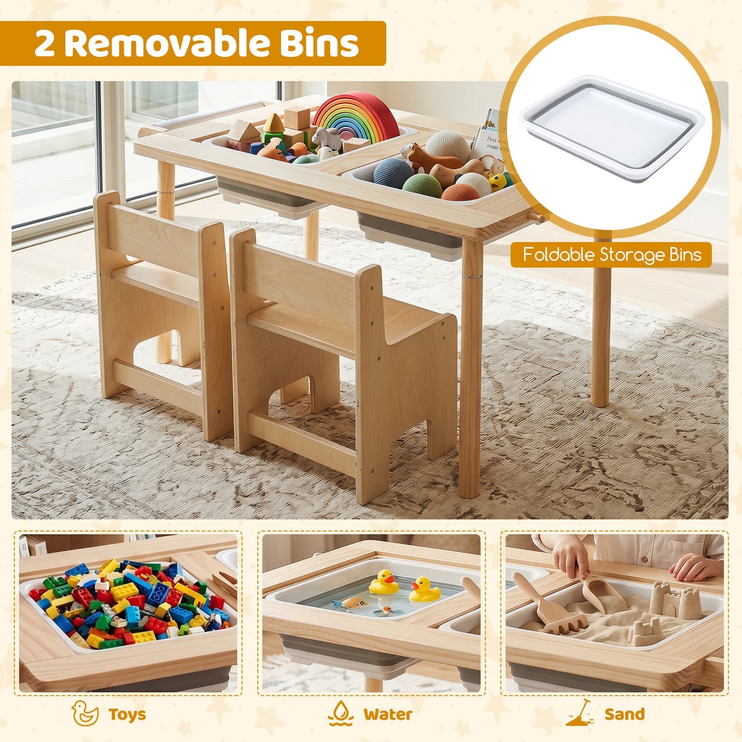 Sensory Table Set 3-Piece Kids Activity Table and Chair Set with Adjustable Height-Natural