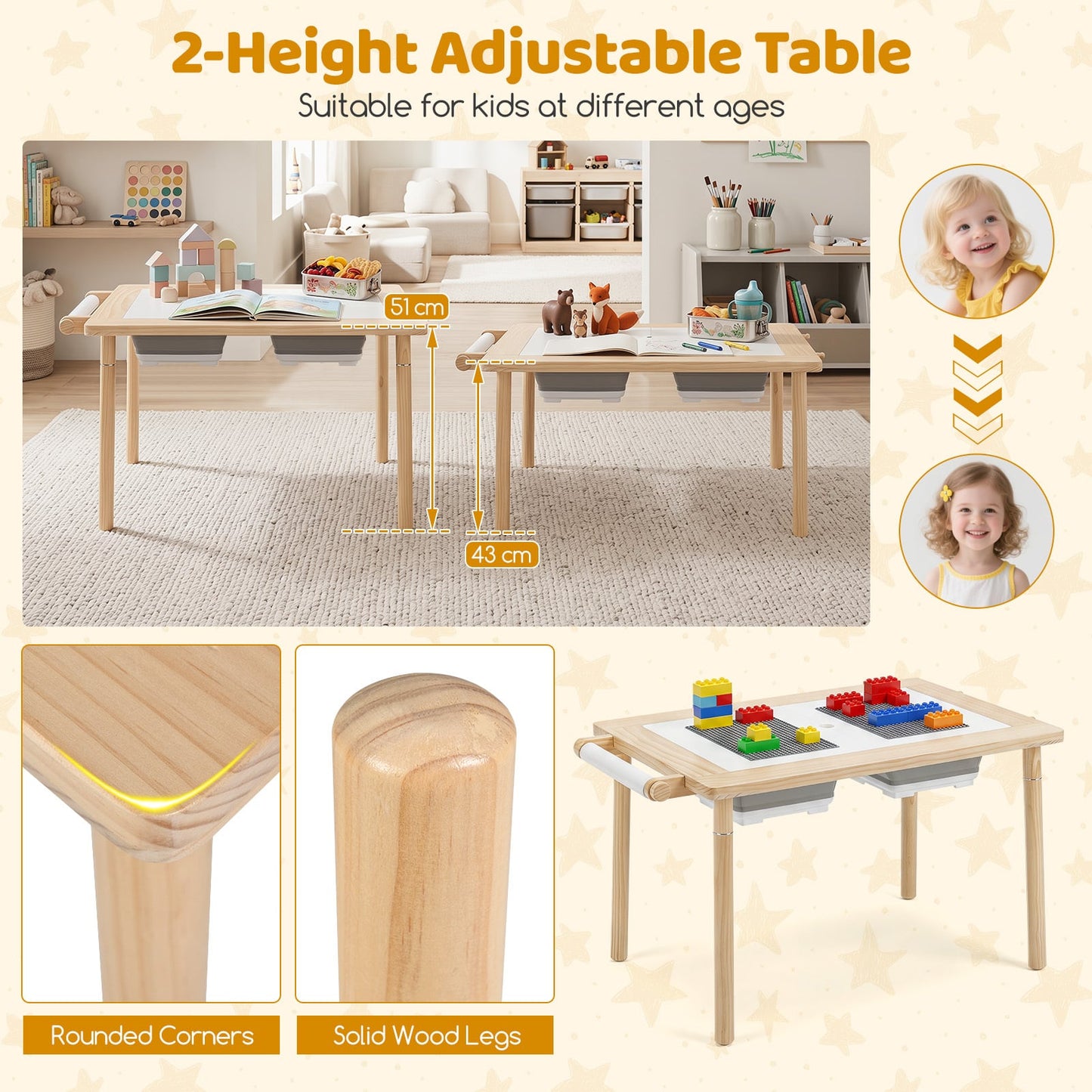 Sensory Table Set 3-Piece Kids Activity Table and Chair Set with Adjustable Height-Natural