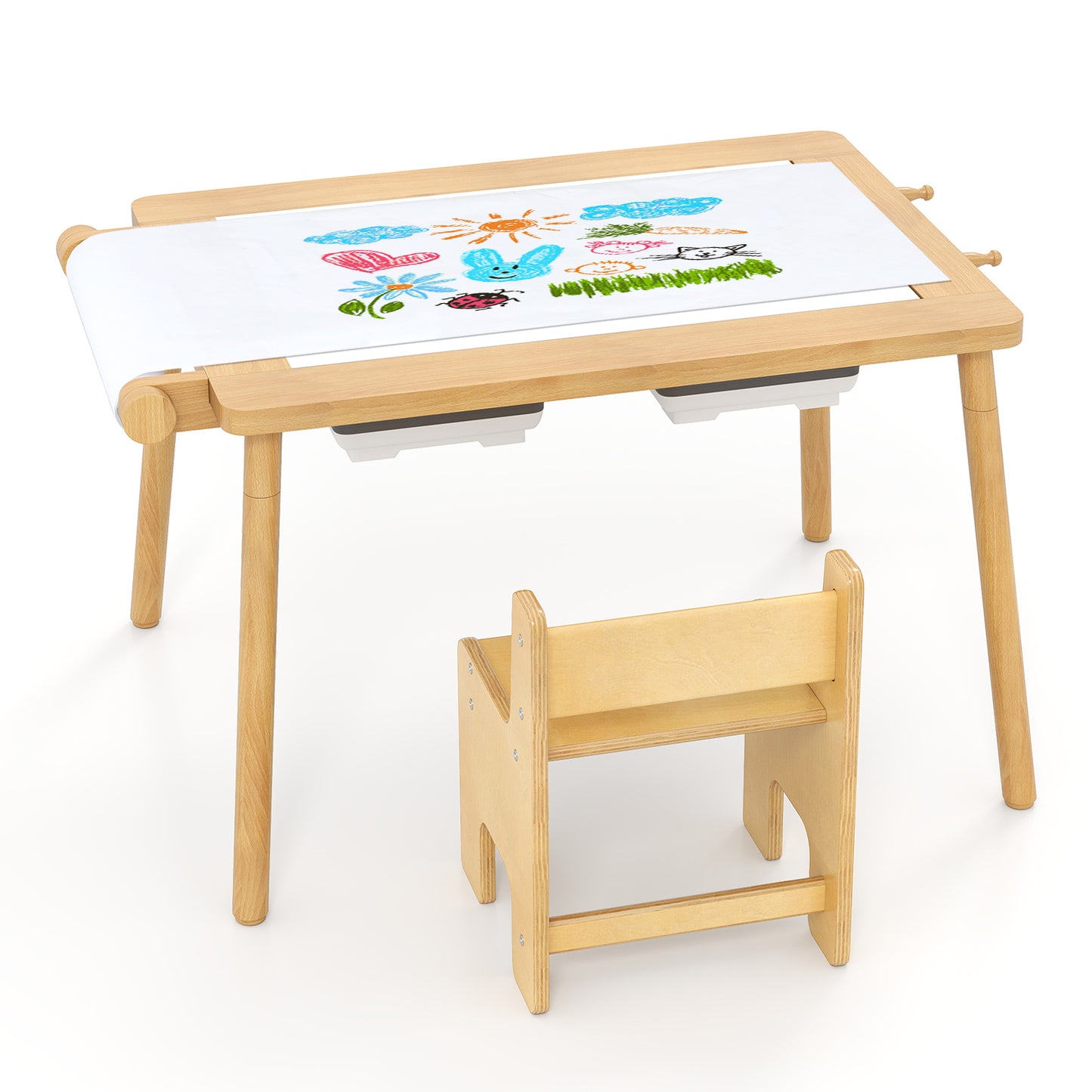 Sensory Table and Chair Set with Foldable Bins for Kids 2-8-Natural