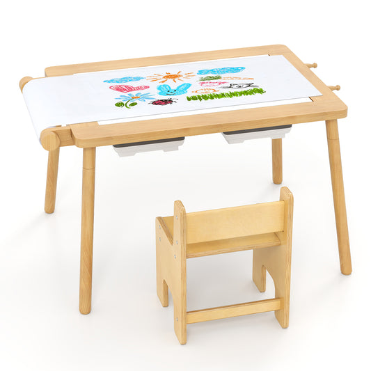 Sensory Table and Chair Set with Foldable Bins for Kids 2-8-Natural