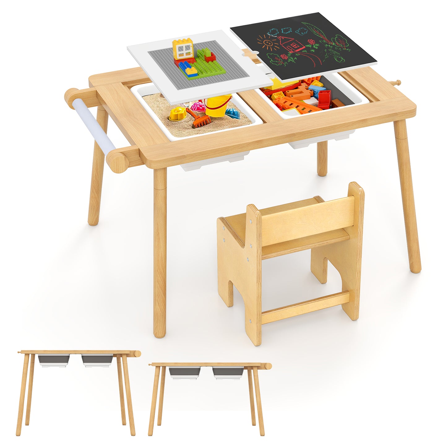 Sensory Table and Chair Set with Foldable Bins for Kids 2-8-Natural