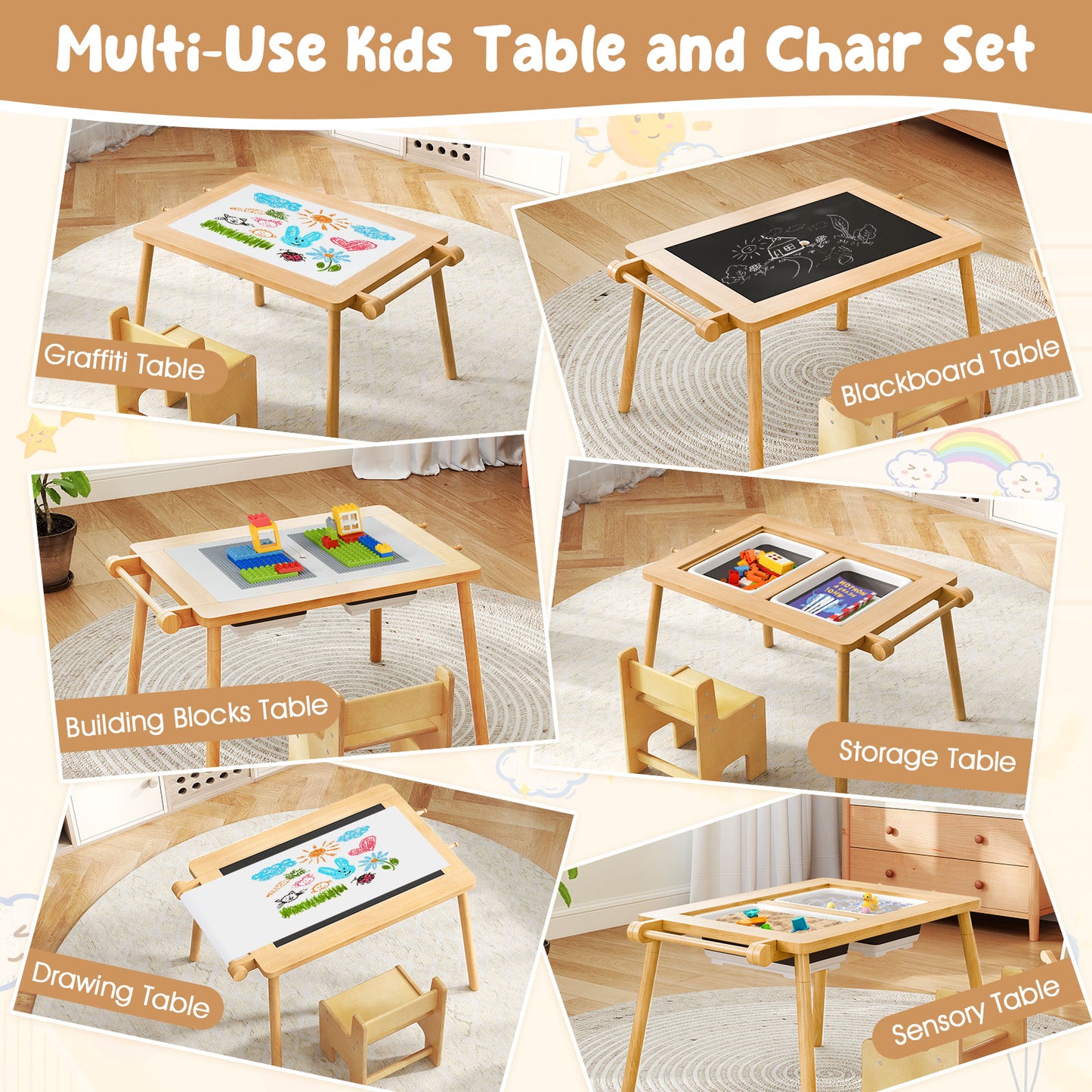 Sensory Table and Chair Set with Foldable Bins for Kids 2-8-Natural