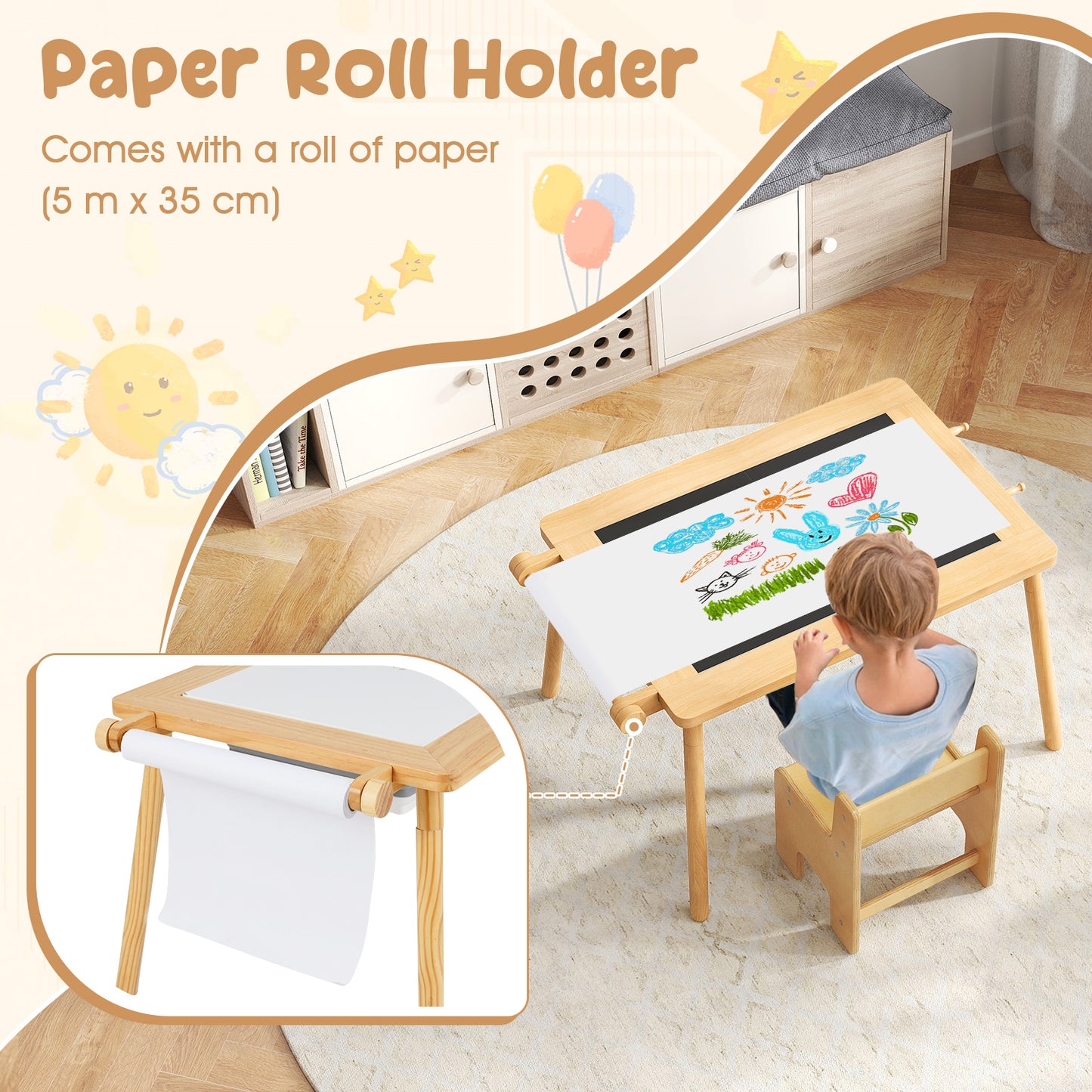 Sensory Table and Chair Set with Foldable Bins for Kids 2-8-Natural