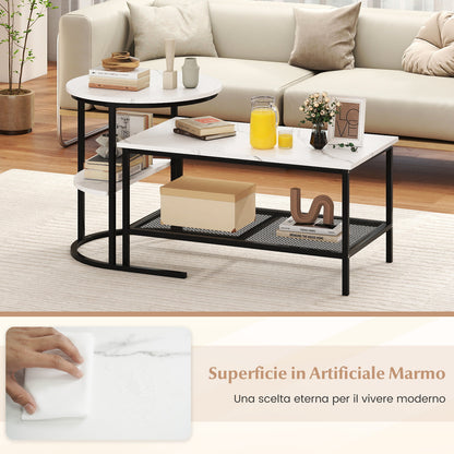 2-in-1 Modular Coffee Table Set with Faux Marble Top and Shelf, Round and Rectangular Tables for Living Room Bedroom White