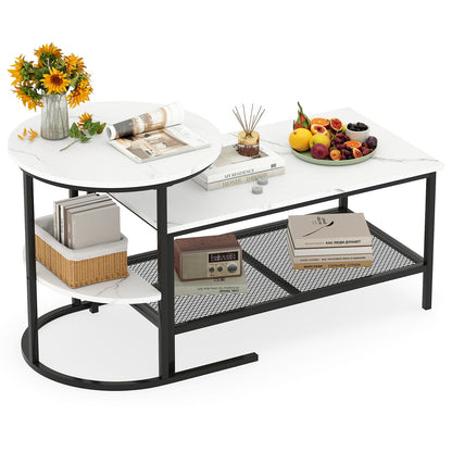 2-in-1 Modular Coffee Table Set with Faux Marble Top and Shelf, Round and Rectangular Tables for Living Room Bedroom White