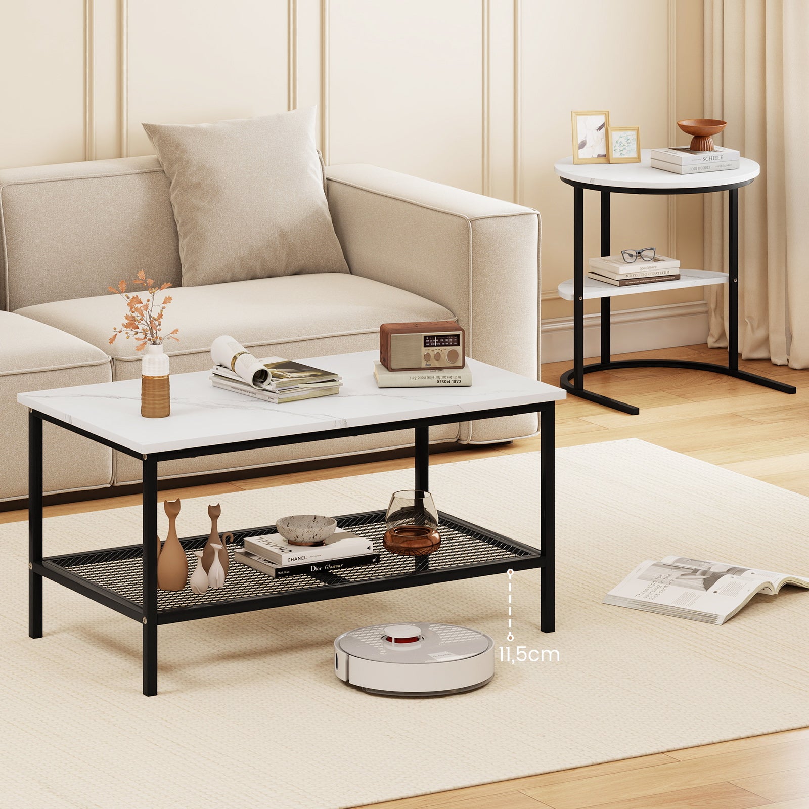 2-in-1 Modular Coffee Table Set with Faux Marble Top and Shelf, Round and Rectangular Tables for Living Room Bedroom White