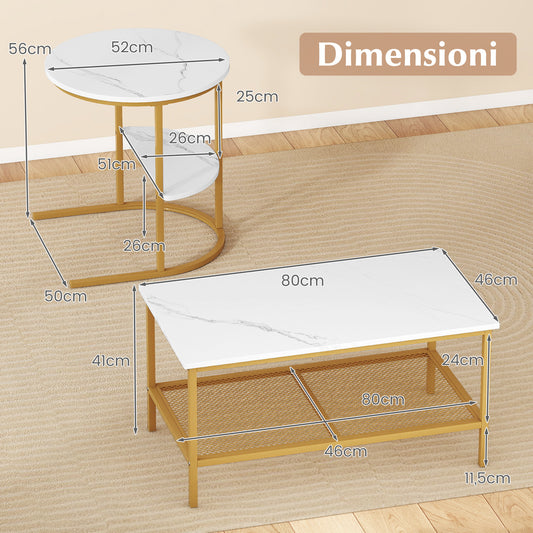 2-in-1 Modular Coffee Table Set with Faux Marble Top and Shelf, Round and Rectangular Tables for Living Room Bedroom Gold