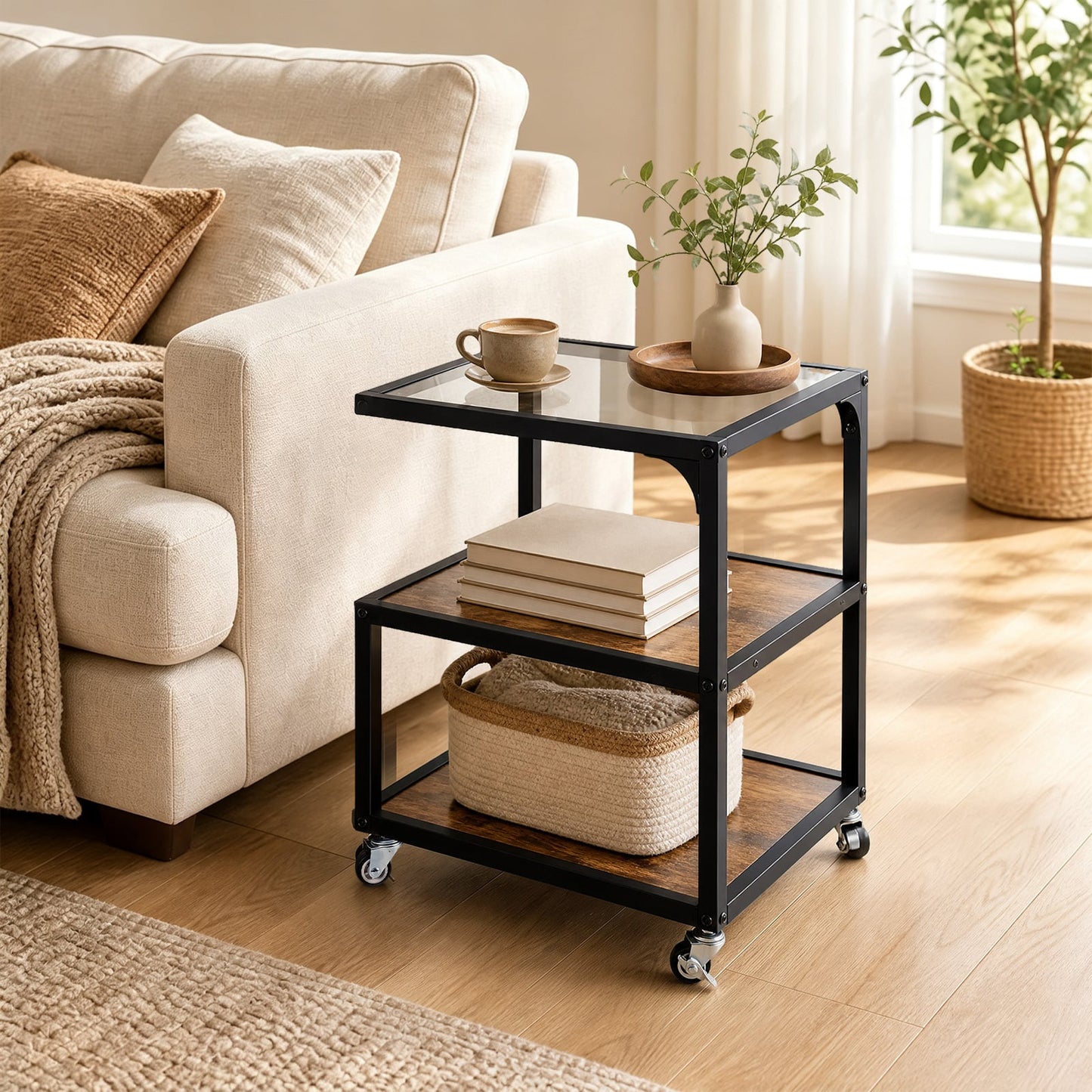 Set of 1 3‑Tier Mobile Side Table with Glass Top Rolling Open‑Corner Table-Rustic Brown