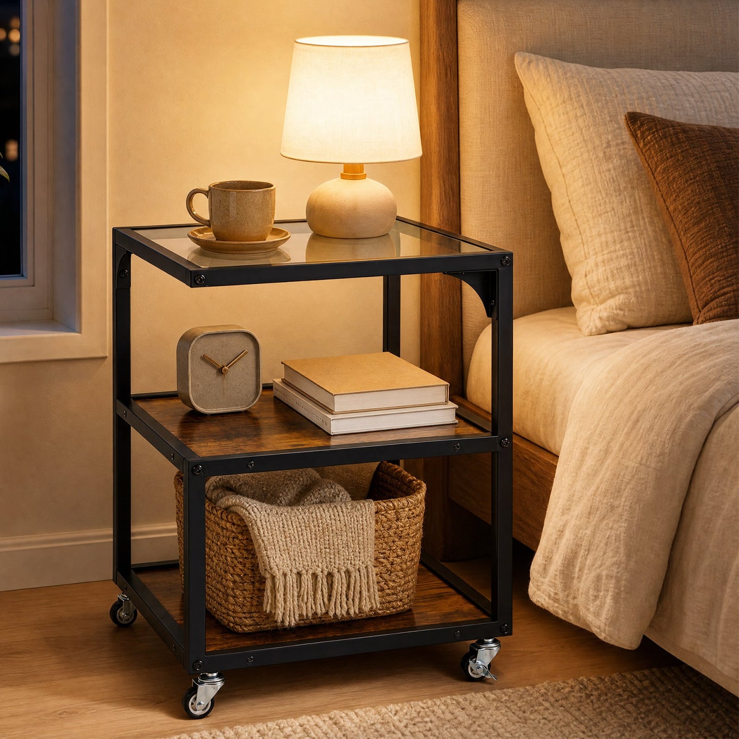 Set of 1 3‑Tier Mobile Side Table with Glass Top Rolling Open‑Corner Table-Rustic Brown