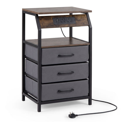 Set of 1 End Table with Charging Station and 3 Fabric Drawers for Living Room