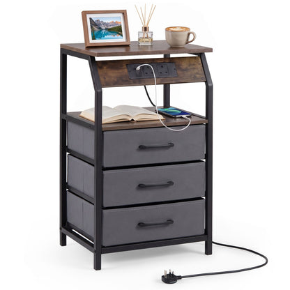 Set of 1 End Table with Charging Station and 3 Fabric Drawers for Living Room