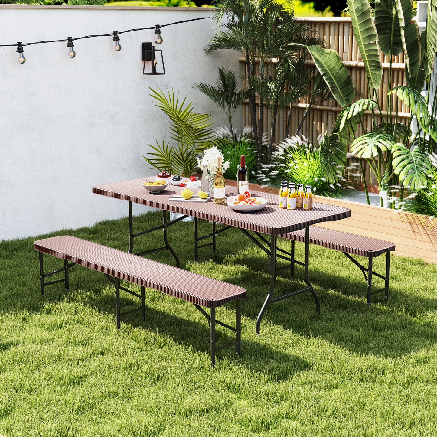 Set of 2 180cm Folding Bench Rattan-Like HDPE Seat with Lock-Coffee