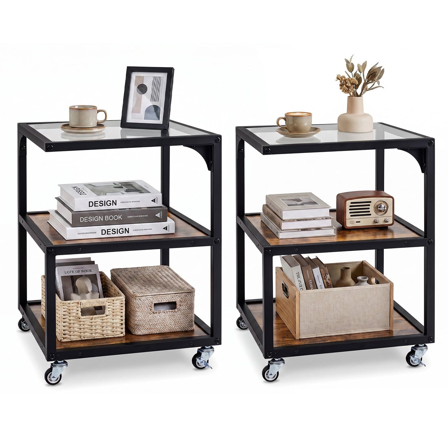 Set of 2 3‑Tier Mobile Side Table with Glass Top Rolling Open‑Corner Table-Rustic Brown