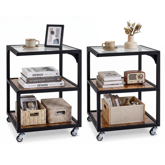Set of 2 3‑Tier Mobile Side Table with Glass Top Rolling Open‑Corner Table-Rustic Brown