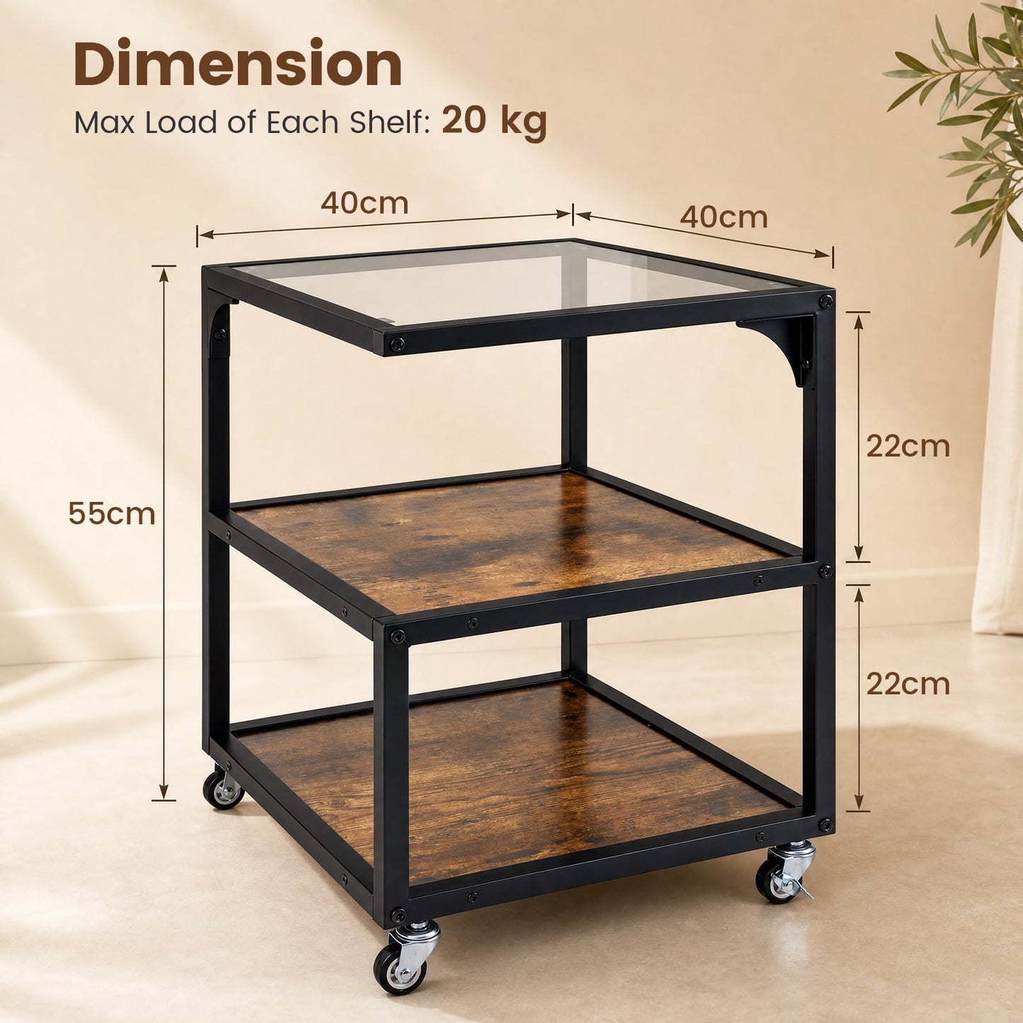 Set of 2 3‑Tier Mobile Side Table with Glass Top Rolling Open‑Corner Table-Rustic Brown