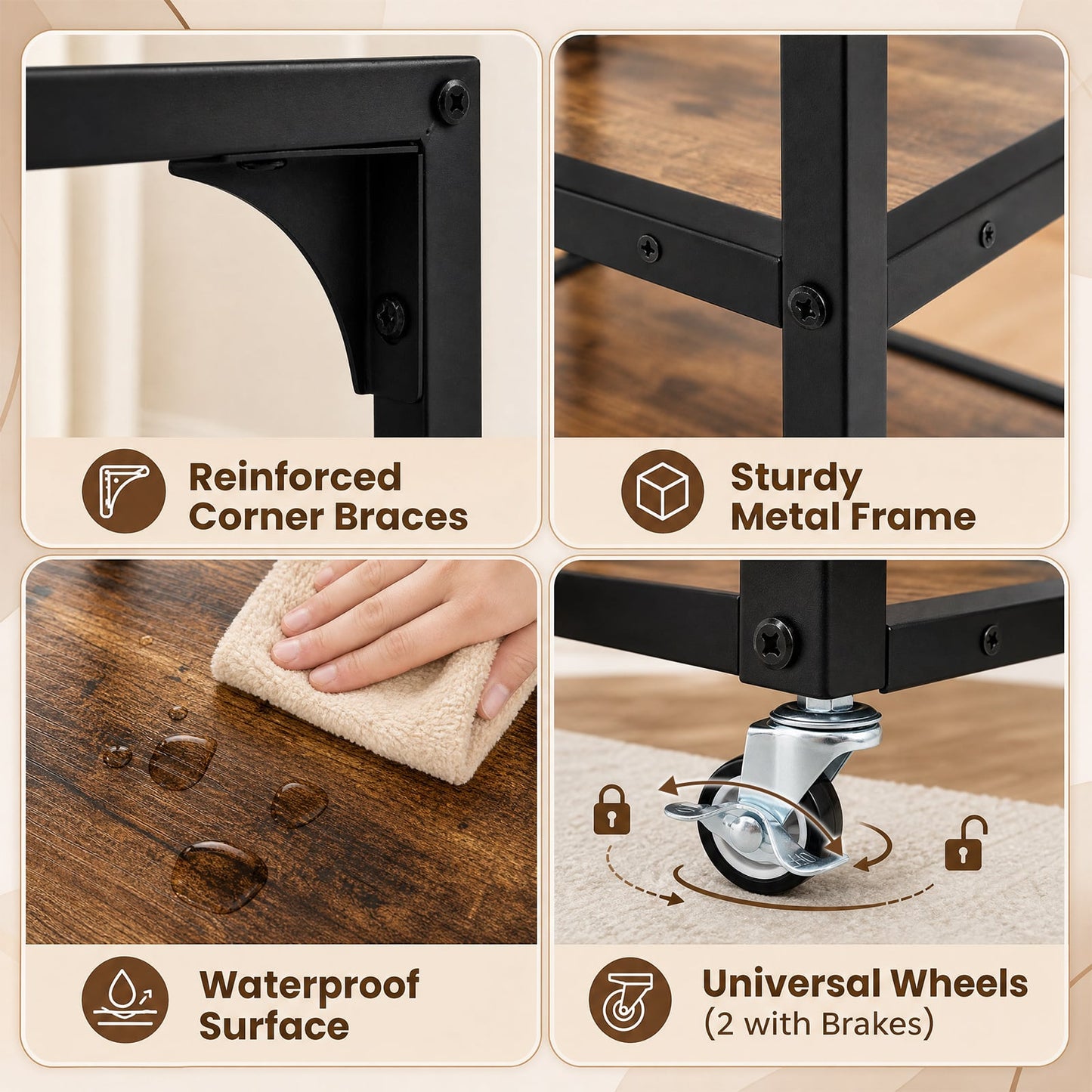 Set of 2 3‑Tier Mobile Side Table with Glass Top Rolling Open‑Corner Table-Rustic Brown
