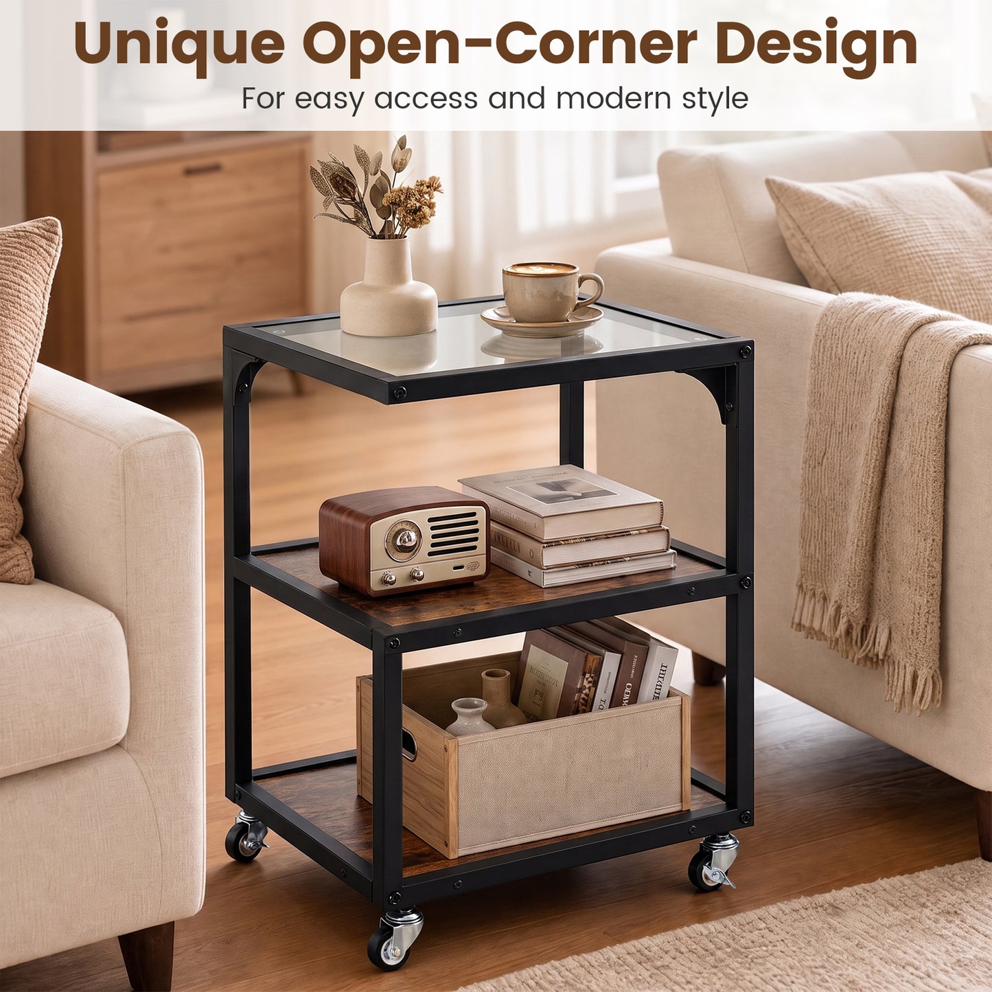Set of 2 3‑Tier Mobile Side Table with Glass Top Rolling Open‑Corner Table-Rustic Brown