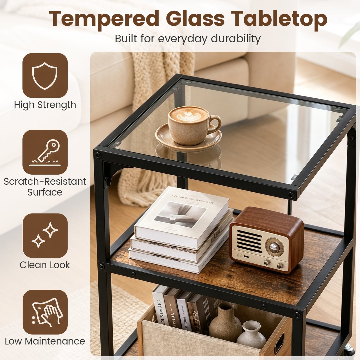 Set of 2 3‑Tier Mobile Side Table with Glass Top Rolling Open‑Corner Table-Rustic Brown