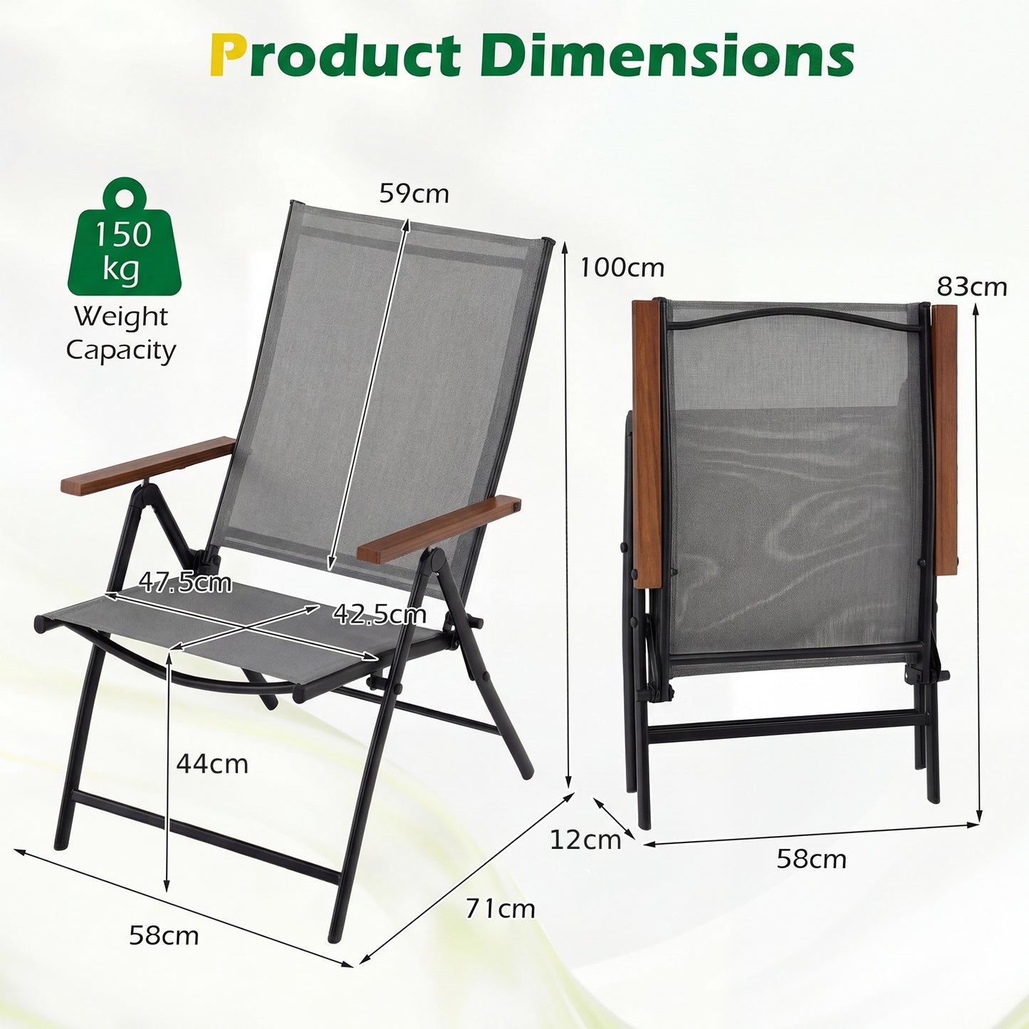 Set of 2/4 Breathable Fabric Folding Patio Chairs with 5-Position Adjustable Backrests-Grey