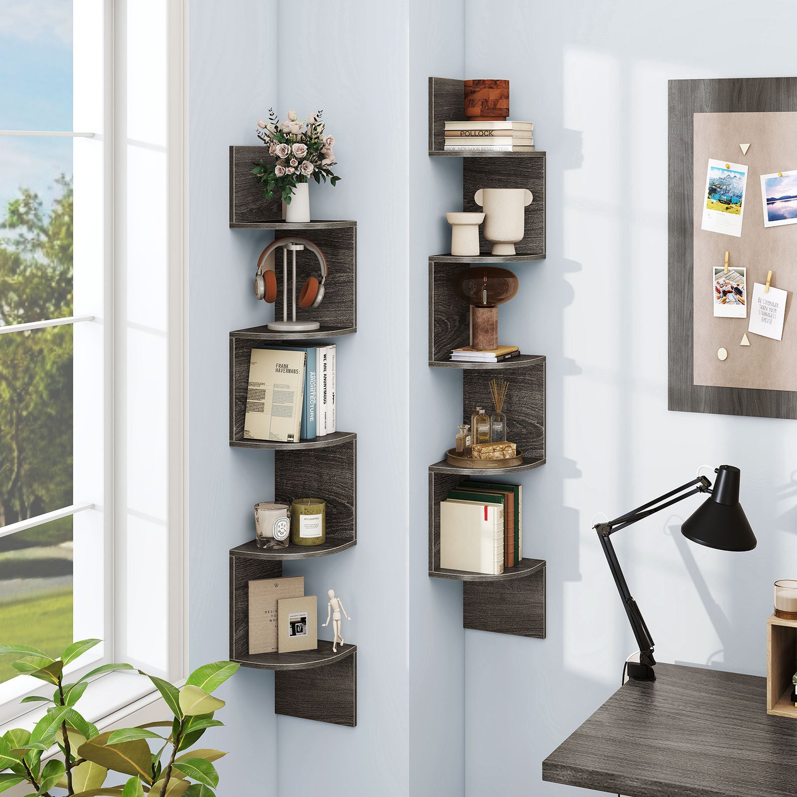 Set of 2 5-Tier Corner Shelf Wall Mount Floating Corner Bookshelf Corner Ladder Shelf-Grey