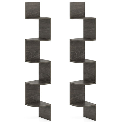 Set of 2 5-Tier Corner Shelf Wall Mount Floating Corner Bookshelf Corner Ladder Shelf-Grey