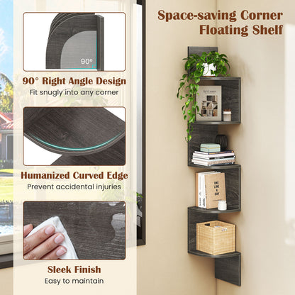 Set of 2 5-Tier Corner Shelf Wall Mount Floating Corner Bookshelf Corner Ladder Shelf-Grey