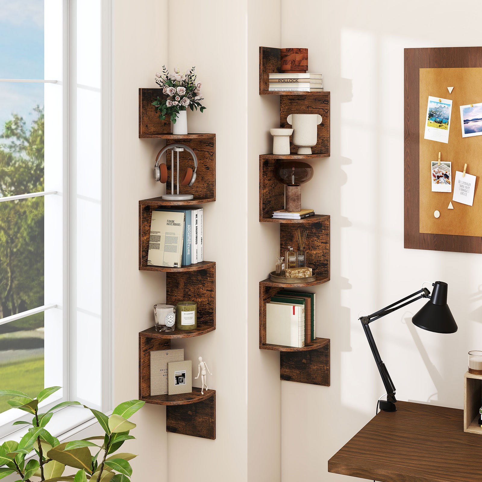Set of 2 5-Tier Corner Shelf Wall Mount Floating Corner Bookshelf Corner Ladder Shelf-Rustic Brown