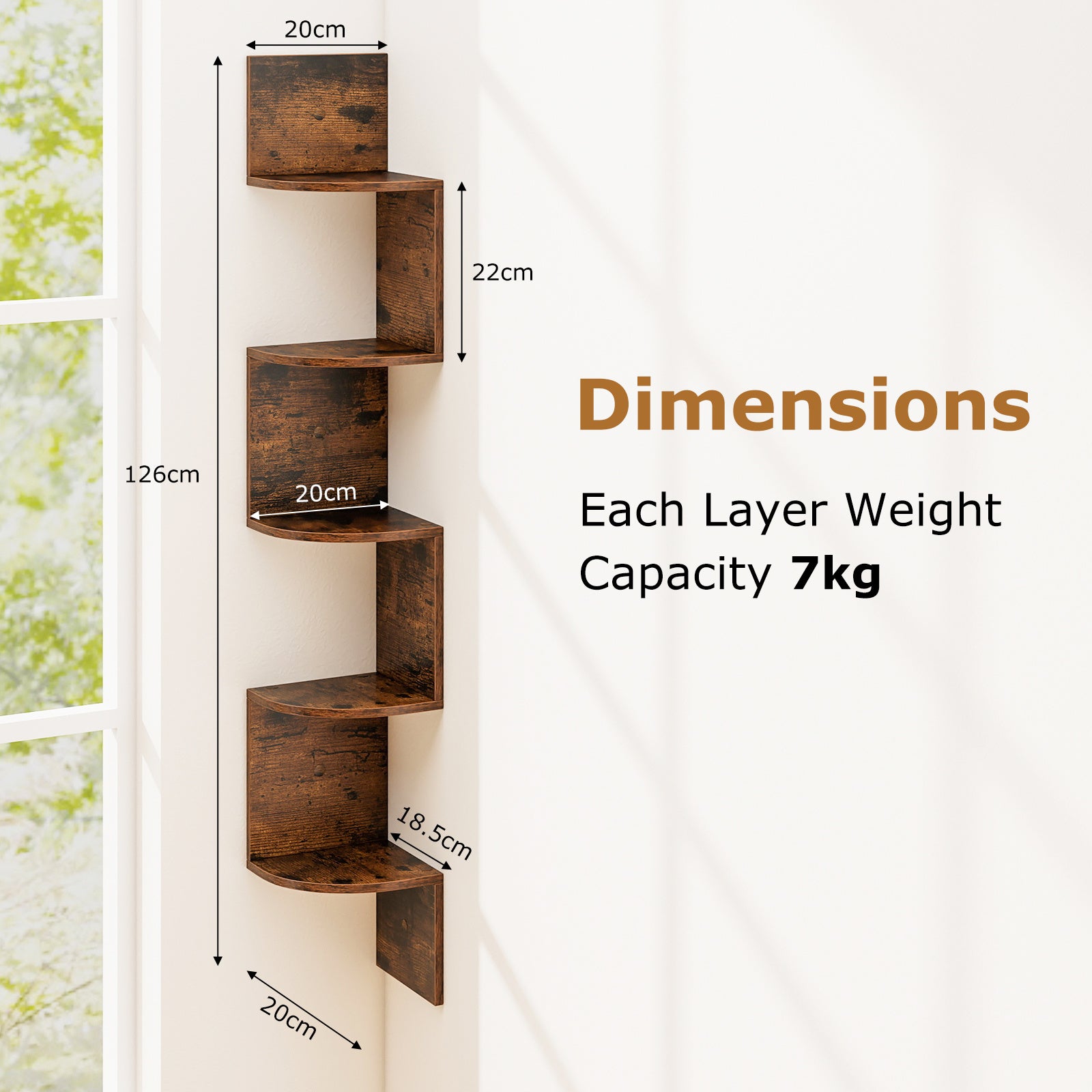 Set of 2 5-Tier Corner Shelf Wall Mount Floating Corner Bookshelf Corner Ladder Shelf-Rustic Brown