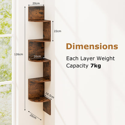Set of 2 5-Tier Corner Shelf Wall Mount Floating Corner Bookshelf Corner Ladder Shelf-Rustic Brown