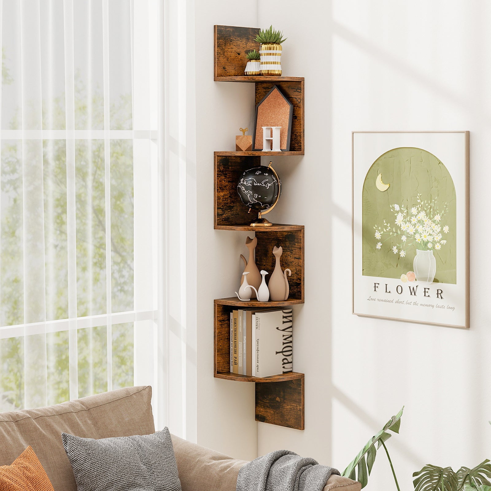 Set of 2 5-Tier Corner Shelf Wall Mount Floating Corner Bookshelf Corner Ladder Shelf-Rustic Brown
